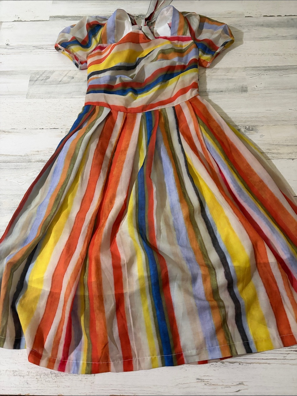 Mr Water New York Vintage inspired Rainbow Striped Cotton Dress NWT Puff Sleeve - Picture 2 of 7
